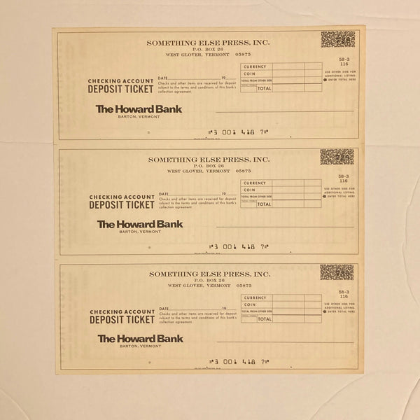 Higgins, Dick - Something Else Press, Inc. Checking Account Deposit Ticket, sheet of three