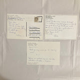 Carrión, Ulises - Rubber-stamped letter, three postcards with notes + Gossip, Scandal & Good Manners invitation & artists' book (Signed) (1981/1985)