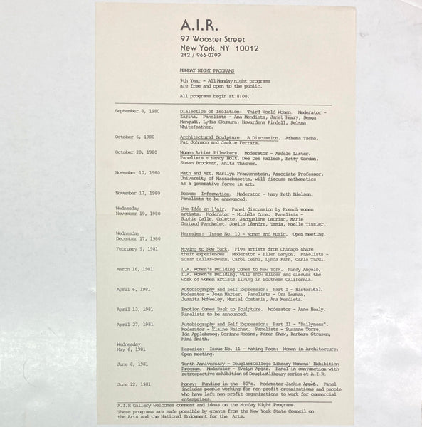 A.I.R. Gallery - Fall 1980/Summer 1981 schedule of Monday Night Programs