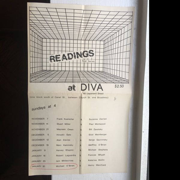 Owen, Maureen, Kuenstler, Frank, Weinberger, Eliot and Zavrian, Suzanne etc - Readings at Diva: First Series Flyer